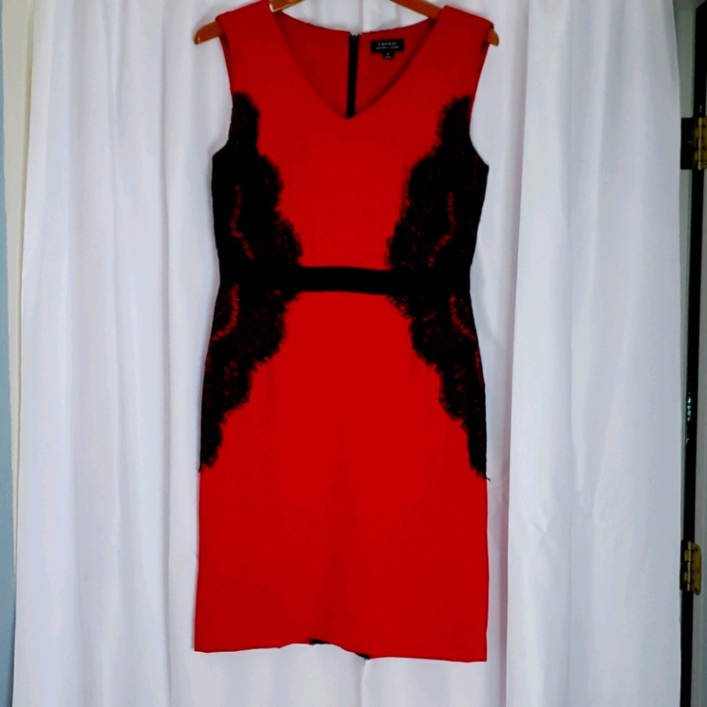 Tahari red dress with black lace detailing
